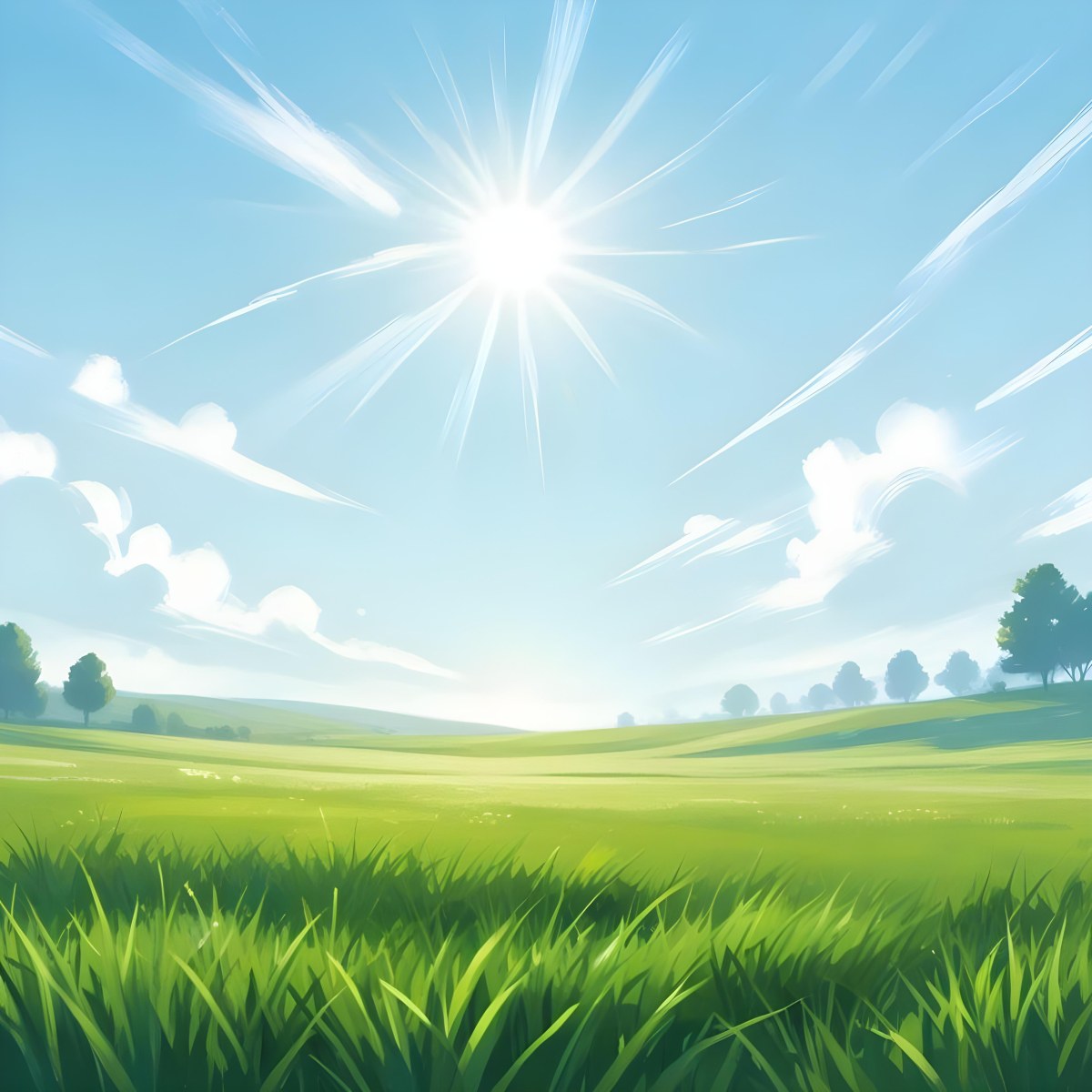 Digital Painting Green Grass Field With A Clear Blue Sky And Bright Sunlight Creating A Fresh And Vibrant Outdoor Scene Perfect For A Sunny Day Bold And Slim Lines Brush Strokes 6 503f