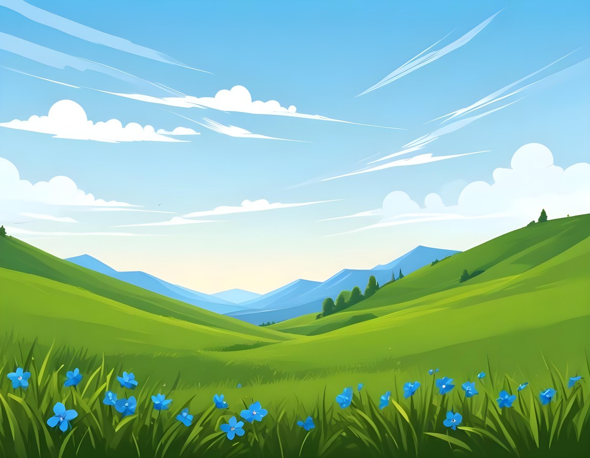 Digital Painting Green Grass Field With Blue Flowers Sunny Day Green Sky Blue Hills Cartoon Style Bright Colors Vector Graphics Nature Scene Peaceful Landscape Bold And Slim Lines Brush Strokes 19 07f8