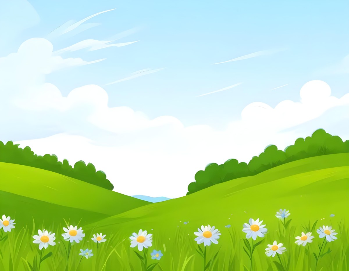Digital Painting Green Grass Field With Blue Flowers Sunny Day Green Sky Blue Hills Cartoon Style Bright Colors Vector Graphics Nature Scene Peaceful Landscape Bold And Slim Lines Brush Strokes 20 De8f