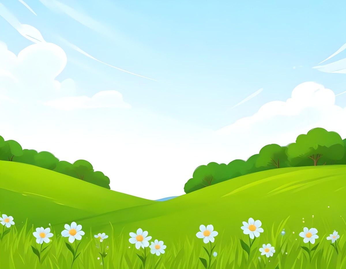 Digital Painting Green Grass Field With Blue Flowers Sunny Day Green Sky Blue Hills Cartoon Style Bright Colors Vector Graphics Nature Scene Peaceful Landscape Bold And Slim Lines Brush Strokes 24 Faf6
