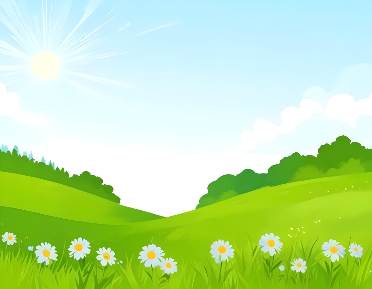 Digital Painting Green Grass Field With Blue Flowers Sunny Day Green Sky Blue Hills Cartoon Style Bright Colors Vector Graphics Nature Scene Peaceful Landscape Bold And Slim Lines Brush Strokes 28 10ea