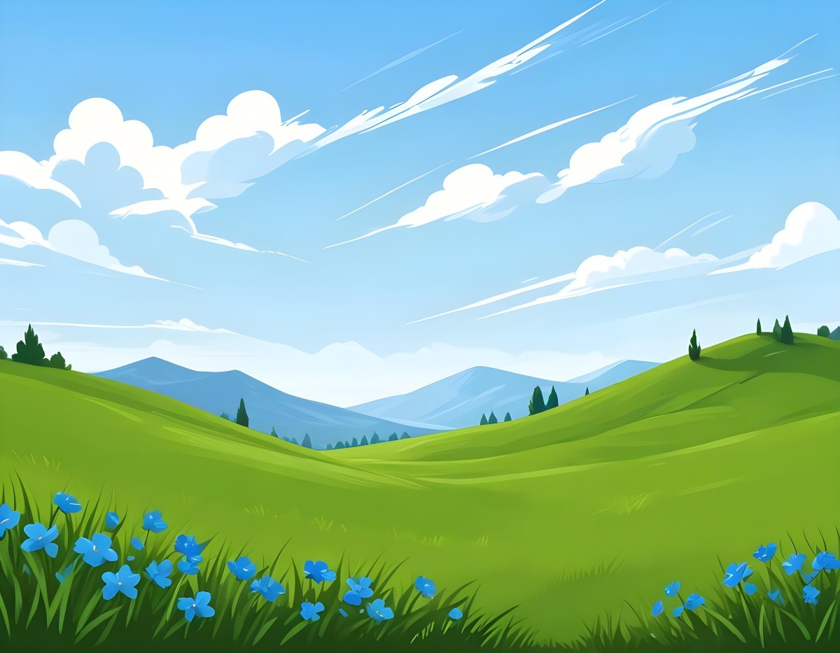 Digital Painting Green Grass Field With Blue Flowers Sunny Day Green Sky Blue Hills Cartoon Style Bright Colors Vector Graphics Nature Scene Peaceful Landscape Bold And Slim Lines Brush Strokes 33 6c38