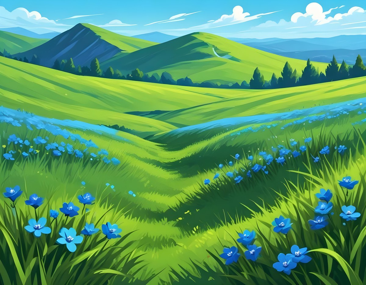 Digital Painting Green Grass Field With Blue Flowers Sunny Day Green Sky Blue Hills Cartoon Style Bright Colors Vector Graphics Nature Scene Peaceful Landscape Bold And Slim Lines Brush Strokes 37 4442