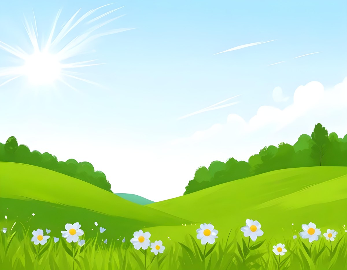 Digital Painting Green Grass Field With Blue Flowers Sunny Day Green Sky Blue Hills Cartoon Style Bright Colors Vector Graphics Nature Scene Peaceful Landscape Bold And Slim Lines Brush Strokes 39 11b2