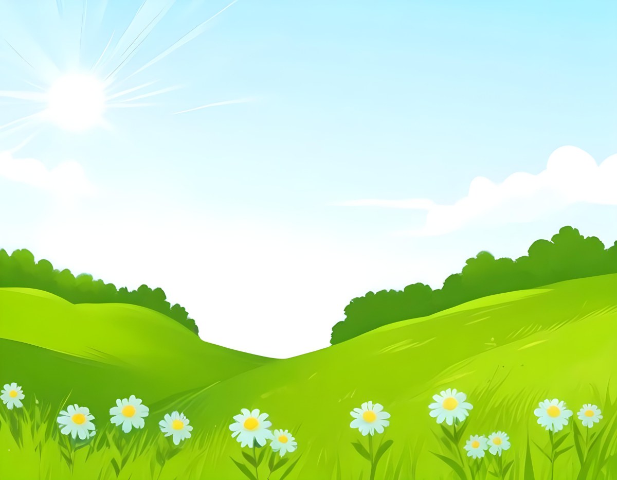 Digital Painting Green Grass Field With Blue Flowers Sunny Day Green Sky Blue Hills Cartoon Style Bright Colors Vector Graphics Nature Scene Peaceful Landscape Bold And Slim Lines Brush Strokes 4 32b3