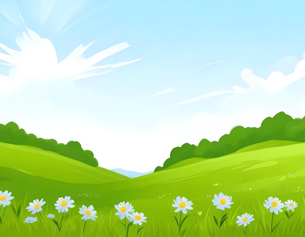 Digital Painting Green Grass Field With Blue Flowers Sunny Day Green Sky Blue Hills Cartoon Style Bright Colors Vector Graphics Nature Scene Peaceful Landscape Bold And Slim Lines Brush Strokes 41 4fd4