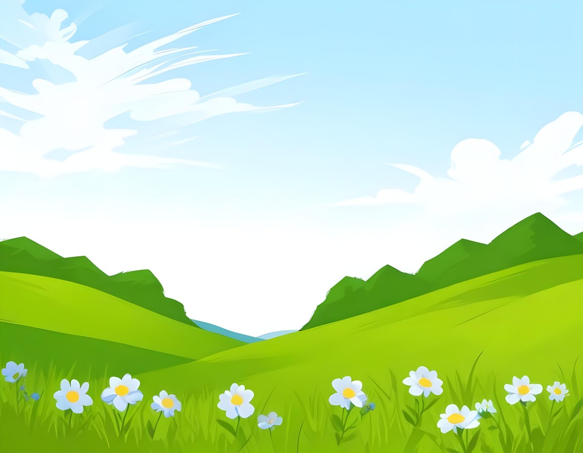 Digital Painting Green Grass Field With Blue Flowers Sunny Day Green Sky Blue Hills Cartoon Style Bright Colors Vector Graphics Nature Scene Peaceful Landscape Bold And Slim Lines Brush Strokes 42 8f5c