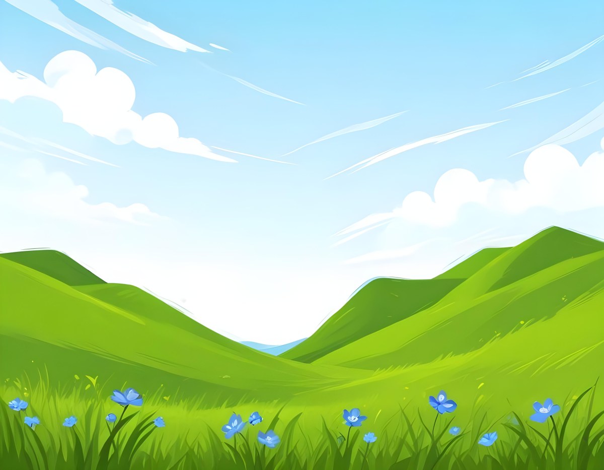 Digital Painting Green Grass Field With Blue Flowers Sunny Day Green Sky Blue Hills Cartoon Style Bright Colors Vector Graphics Nature Scene Peaceful Landscape Bold And Slim Lines Brush Strokes 44 46f1