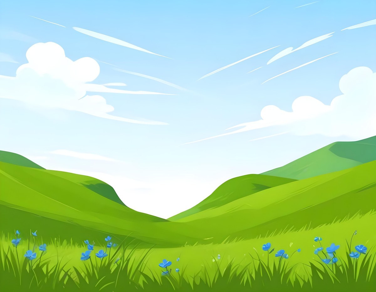Digital Painting Green Grass Field With Blue Flowers Sunny Day Green Sky Blue Hills Cartoon Style Bright Colors Vector Graphics Nature Scene Peaceful Landscape Bold And Slim Lines Brush Strokes 5 6711