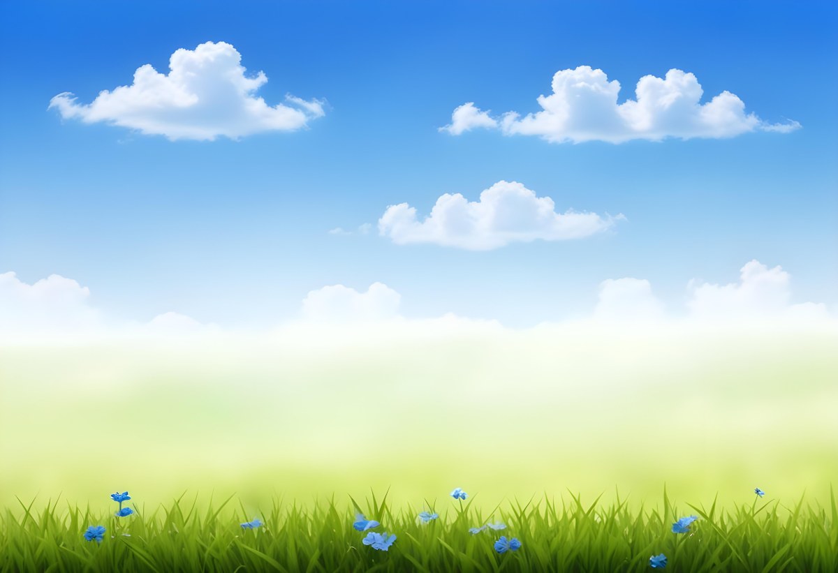 Digital Painting Green Grass With Blue Flowers Blue Sky With White Clouds Sunny Day Vibrant Colors Nature Background Bright And Cheerful Bold And Slim Lines Brush Strokes 10 6c22