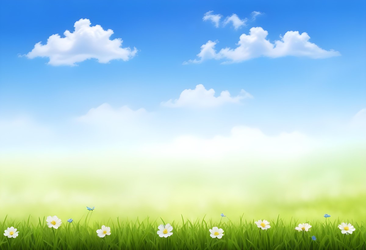 Digital Painting Green Grass With Blue Flowers Blue Sky With White Clouds Sunny Day Vibrant Colors Nature Background Bright And Cheerful Bold And Slim Lines Brush Strokes 14 B056