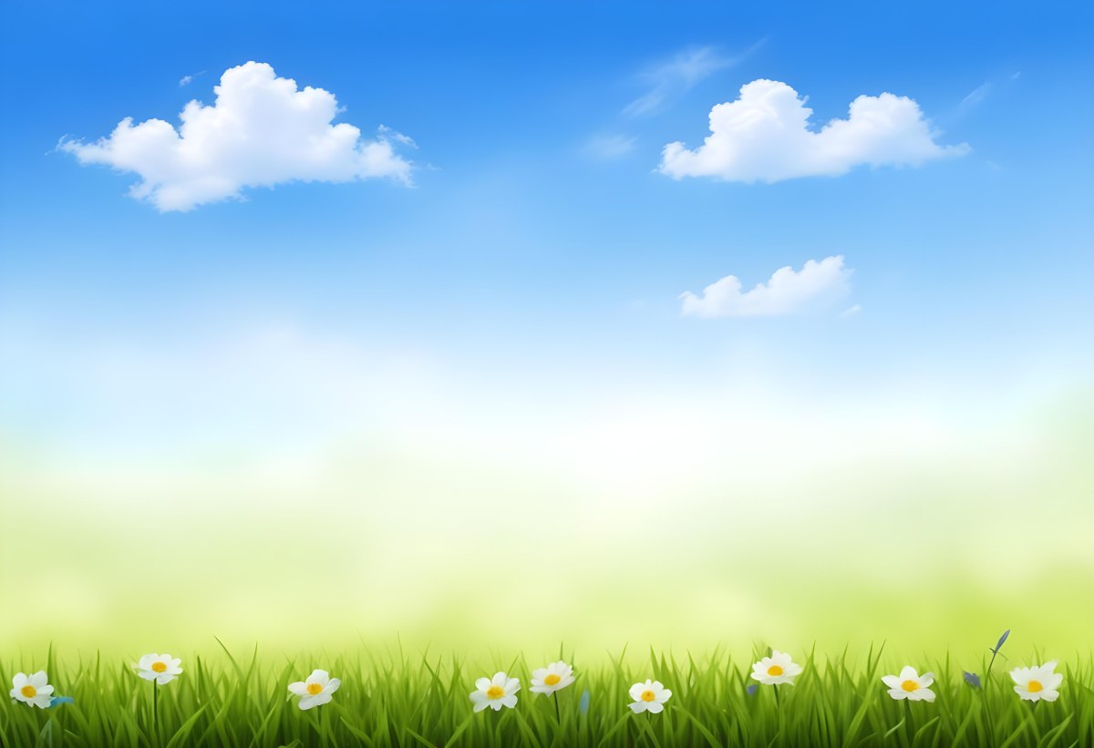 Digital Painting Green Grass With Blue Flowers Blue Sky With White Clouds Sunny Day Vibrant Colors Nature Background Bright And Cheerful Bold And Slim Lines Brush Strokes 2 Cbae