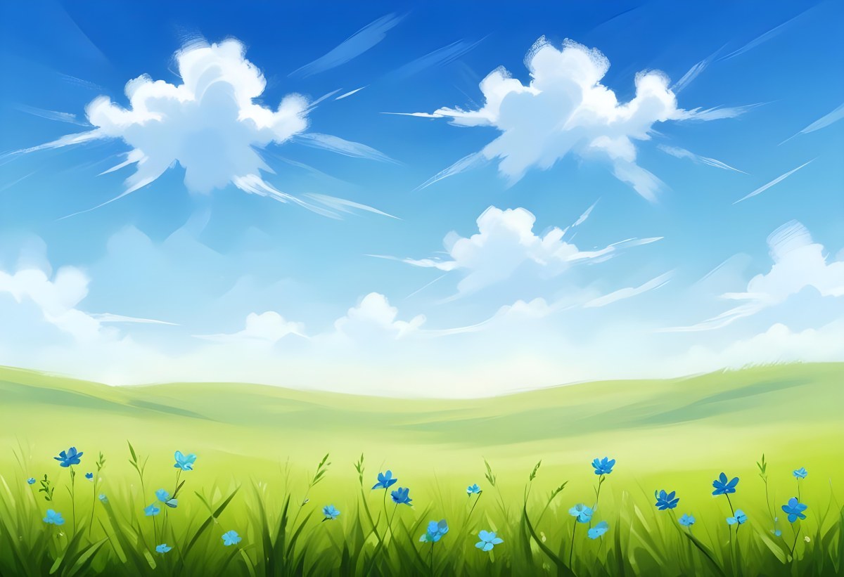 Digital Painting Green Grass With Blue Flowers Blue Sky With White Clouds Sunny Day Vibrant Colors Nature Background Bright And Cheerful Bold And Slim Lines Brush Strokes 23 6b79