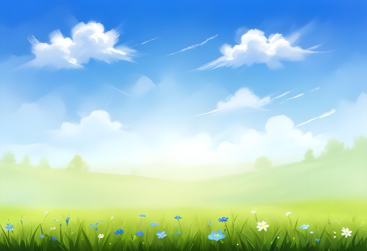 Digital Painting Green Grass With Blue Flowers Blue Sky With White Clouds Sunny Day Vibrant Colors Nature Background Bright And Cheerful Bold And Slim Lines Brush Strokes 29 Abaf