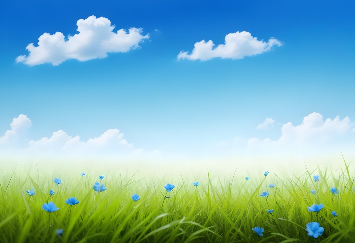 Digital Painting Green Grass With Blue Flowers Blue Sky With White Clouds Sunny Day Vibrant Colors Nature Background Bright And Cheerful Bold And Slim Lines Brush Strokes 32 49ea