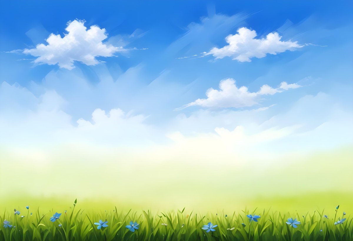 Digital Painting Green Grass With Blue Flowers Blue Sky With White Clouds Sunny Day Vibrant Colors Nature Background Bright And Cheerful Bold And Slim Lines Brush Strokes 44 Cee7