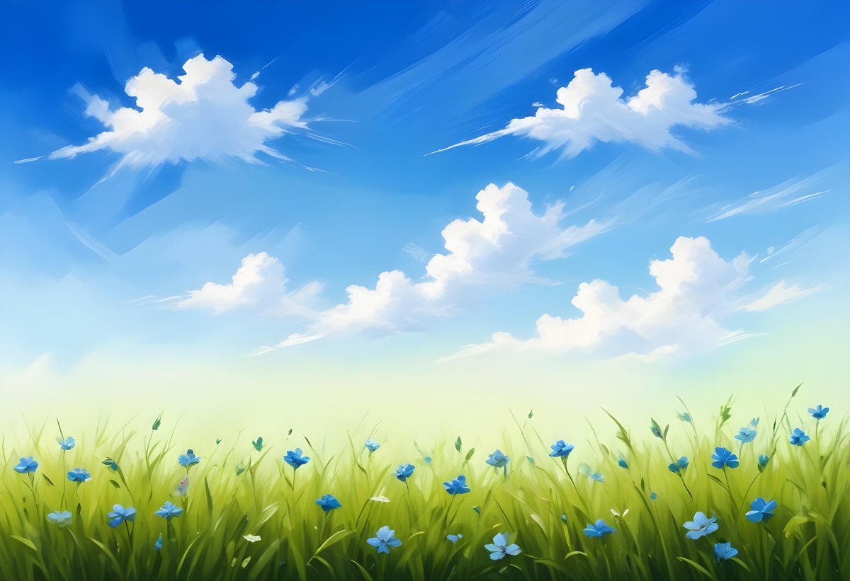 Digital Painting Green Grass With Blue Flowers Blue Sky With White Clouds Sunny Day Vibrant Colors Nature Background Bright And Cheerful Bold And Slim Lines Brush Strokes 48 92ee