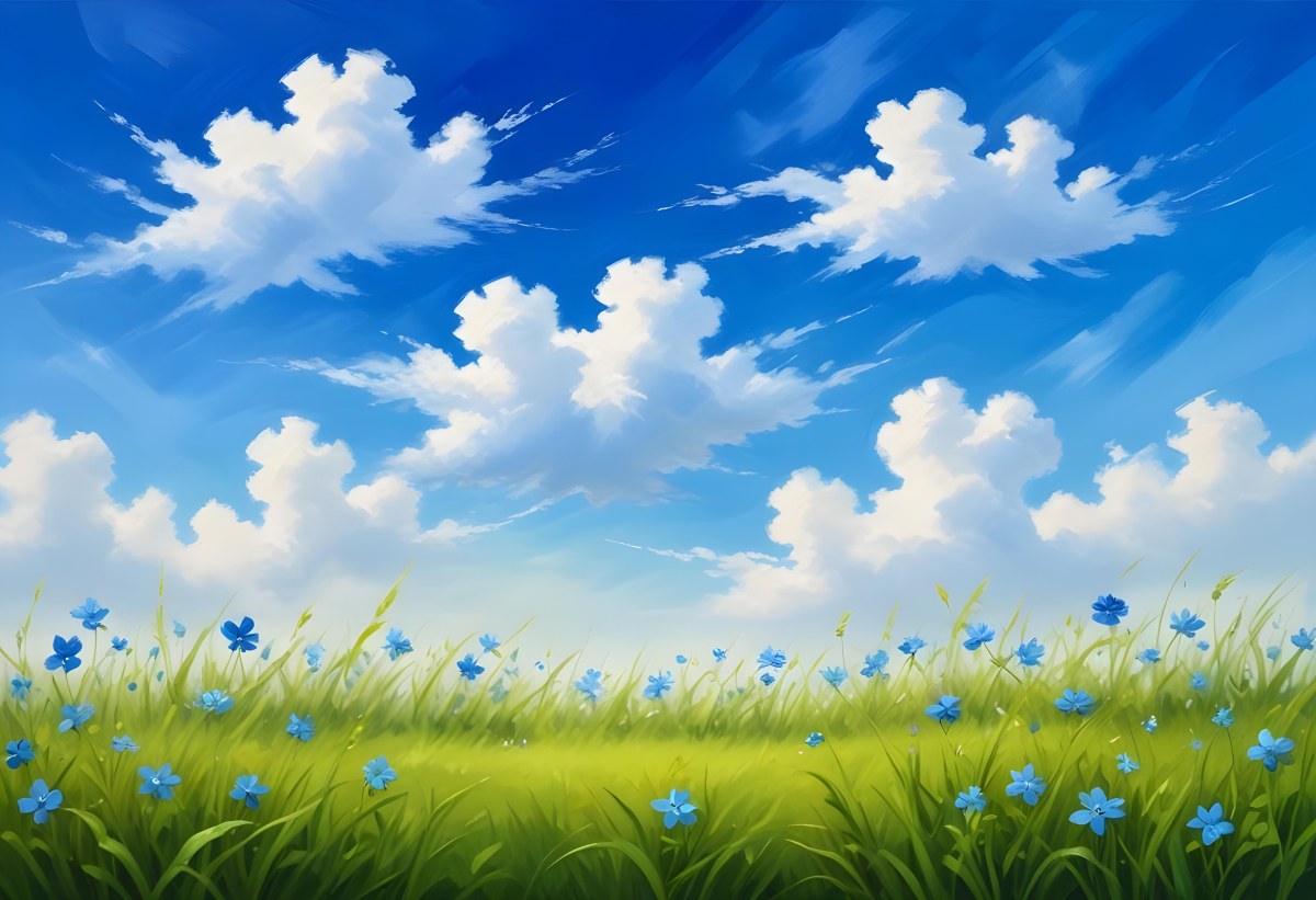 Digital Painting Green Grass With Blue Flowers Blue Sky With White Clouds Sunny Day Vibrant Colors Nature Background Bright And Cheerful Bold And Slim Lines Brush Strokes 64 A1ce