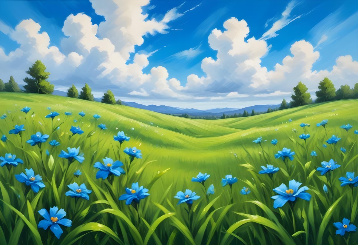 Digital Painting Green Grass With Blue Flowers Blue Sky With White Clouds Sunny Day Vibrant Colors Nature Background Bright And Cheerful Bold And Slim Lines Brush Strokes 68 4488