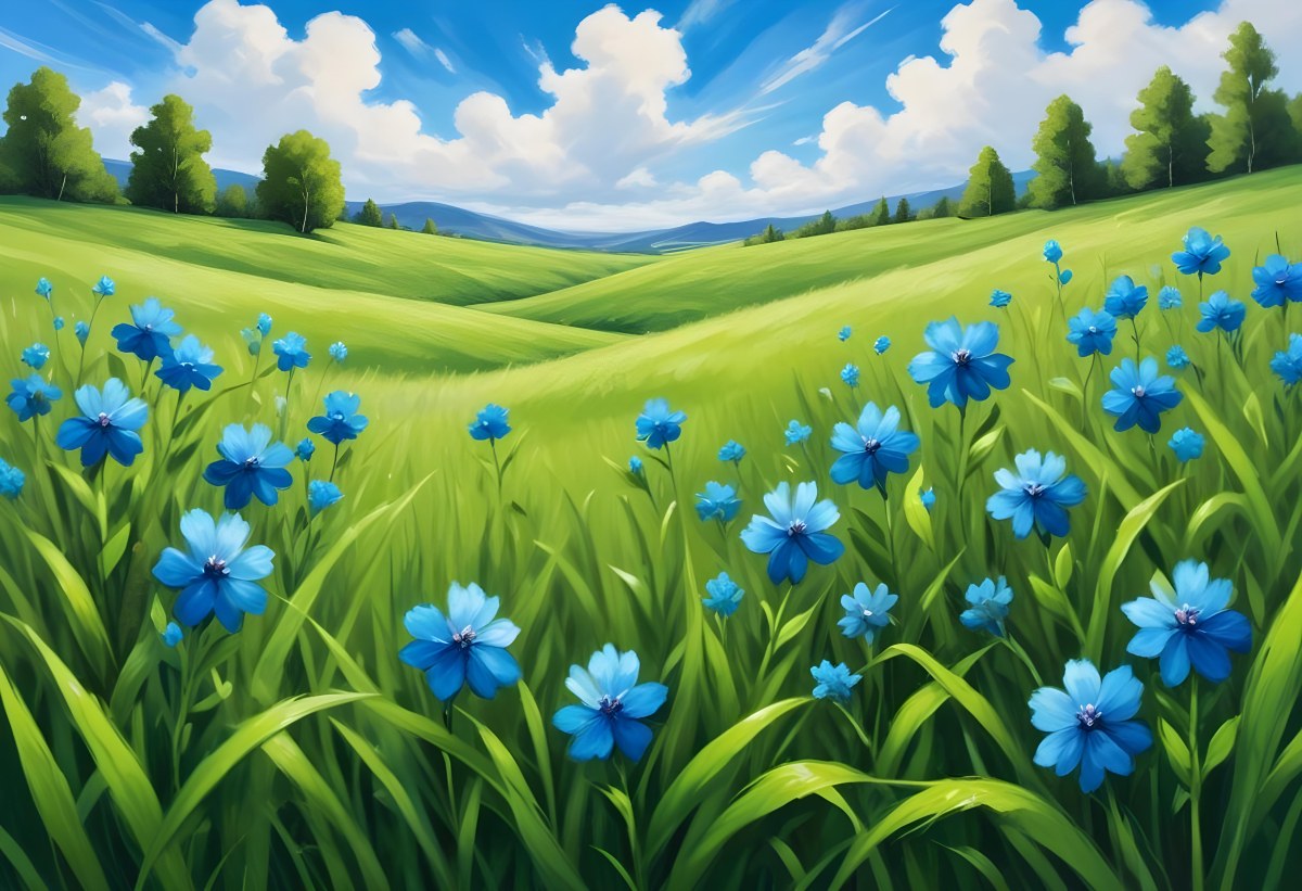 Digital Painting Green Grass With Blue Flowers Blue Sky With White Clouds Sunny Day Vibrant Colors Nature Background Bright And Cheerful Bold And Slim Lines Brush Strokes 73 9072