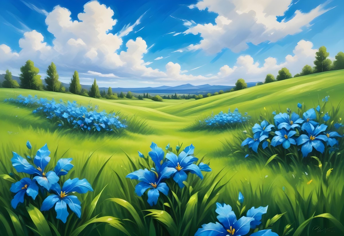 Digital Painting Green Grass With Blue Flowers Blue Sky With White Clouds Sunny Day Vibrant Colors Nature Background Bright And Cheerful Bold And Slim Lines Brush Strokes 74 76a3