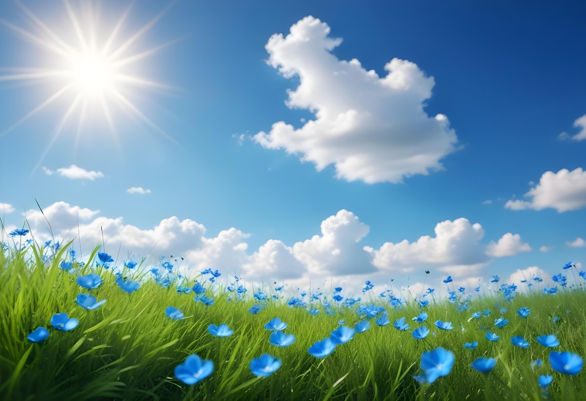 Digital Painting Green Grass With Blue Flowers Blue Sky With White Clouds Sunny Day Vibrant Colors Nature Background Bright And Cheerful Bold And Slim Lines Brush Strokes 76 377f