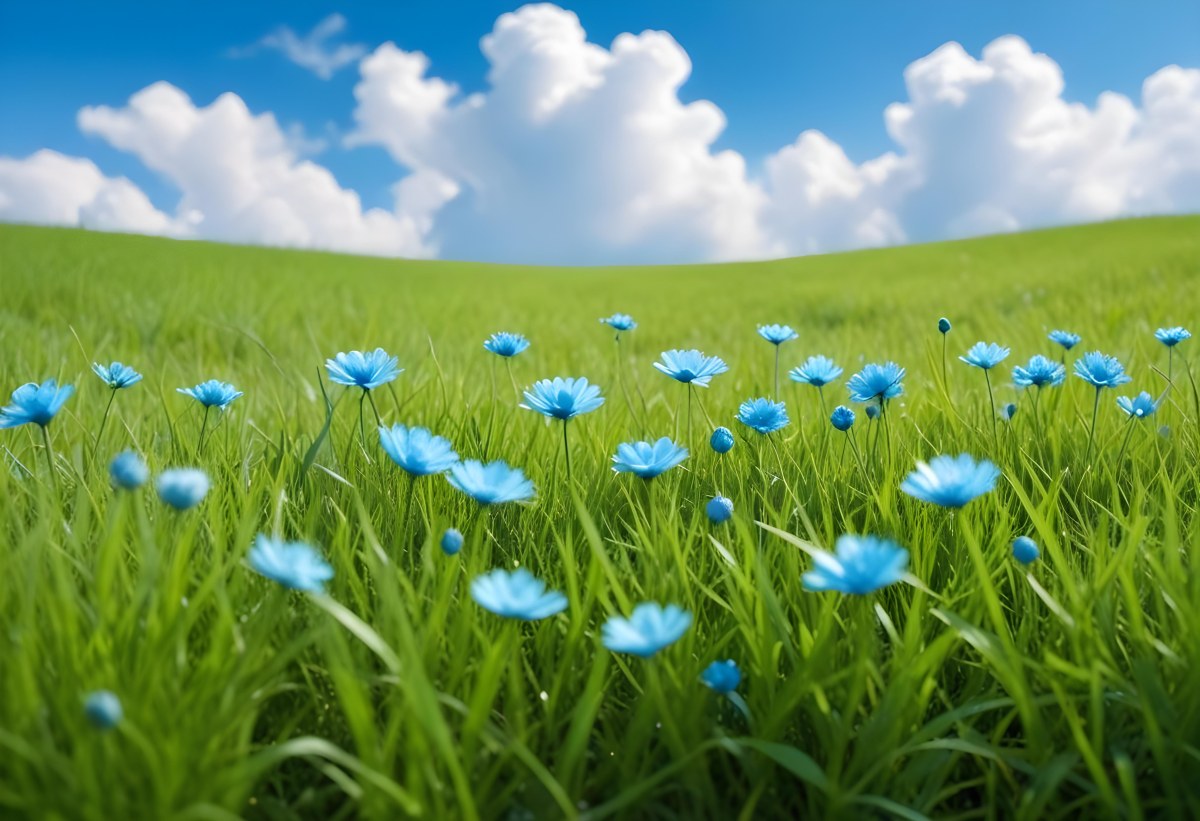 Digital Painting Green Grass With Blue Flowers Blue Sky With White Clouds Sunny Day Vibrant Colors Nature Background Bright And Cheerful Bold And Slim Lines Brush Strokes 77 B797