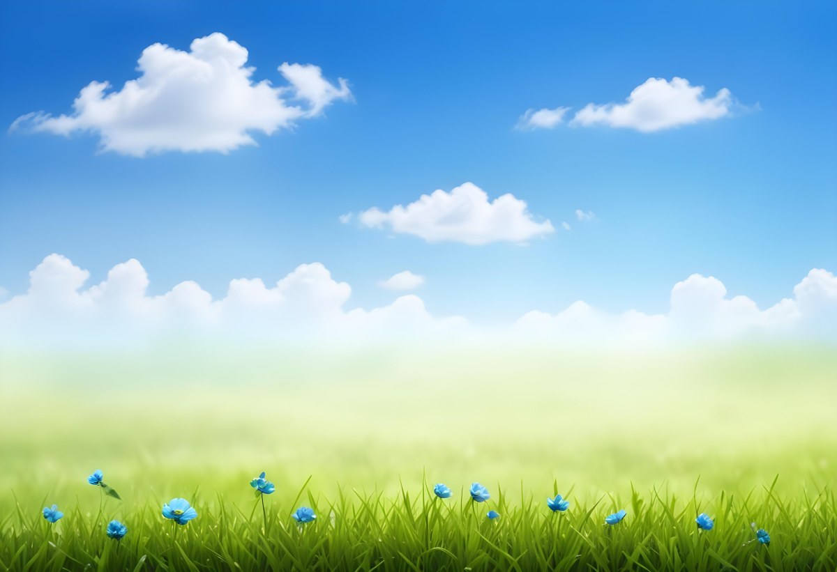 Digital Painting Green Grass With Blue Flowers Blue Sky With White Clouds Sunny Day Vibrant Colors Nature Background Bright And Cheerful Bold And Slim Lines Brush Strokes 79 D569