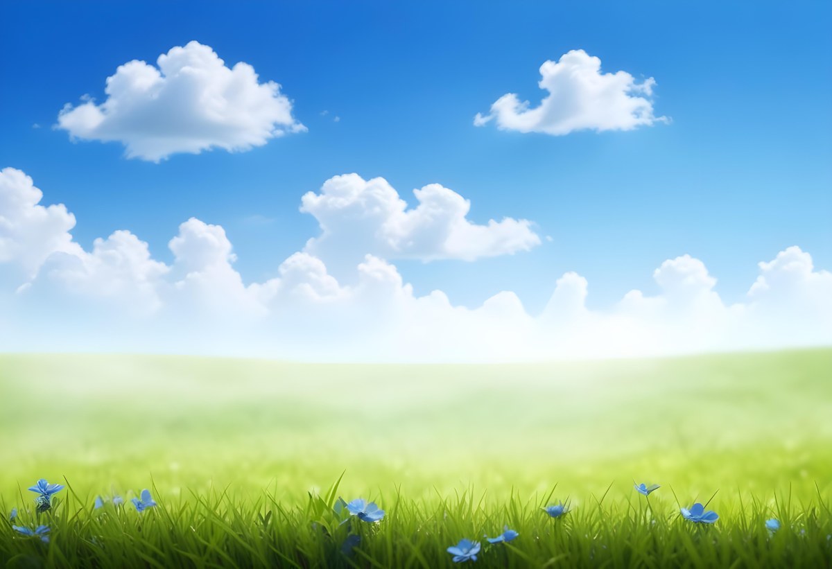 Digital Painting Green Grass With Blue Flowers Blue Sky With White Clouds Sunny Day Vibrant Colors Nature Background Bright And Cheerful Bold And Slim Lines Brush Strokes 8 Dfdd