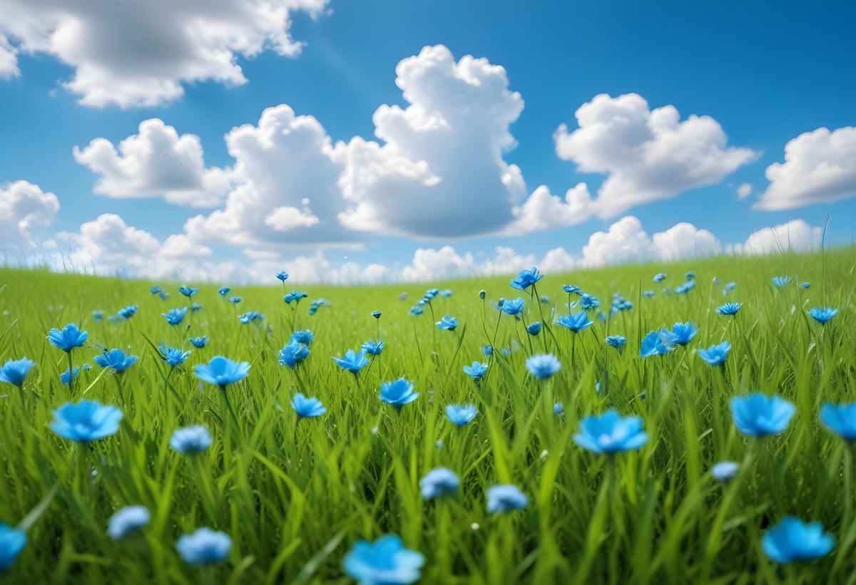 Digital Painting Green Grass With Blue Flowers Blue Sky With White Clouds Sunny Day Vibrant Colors Nature Background Bright And Cheerful Bold And Slim Lines Brush Strokes 80 4e5a