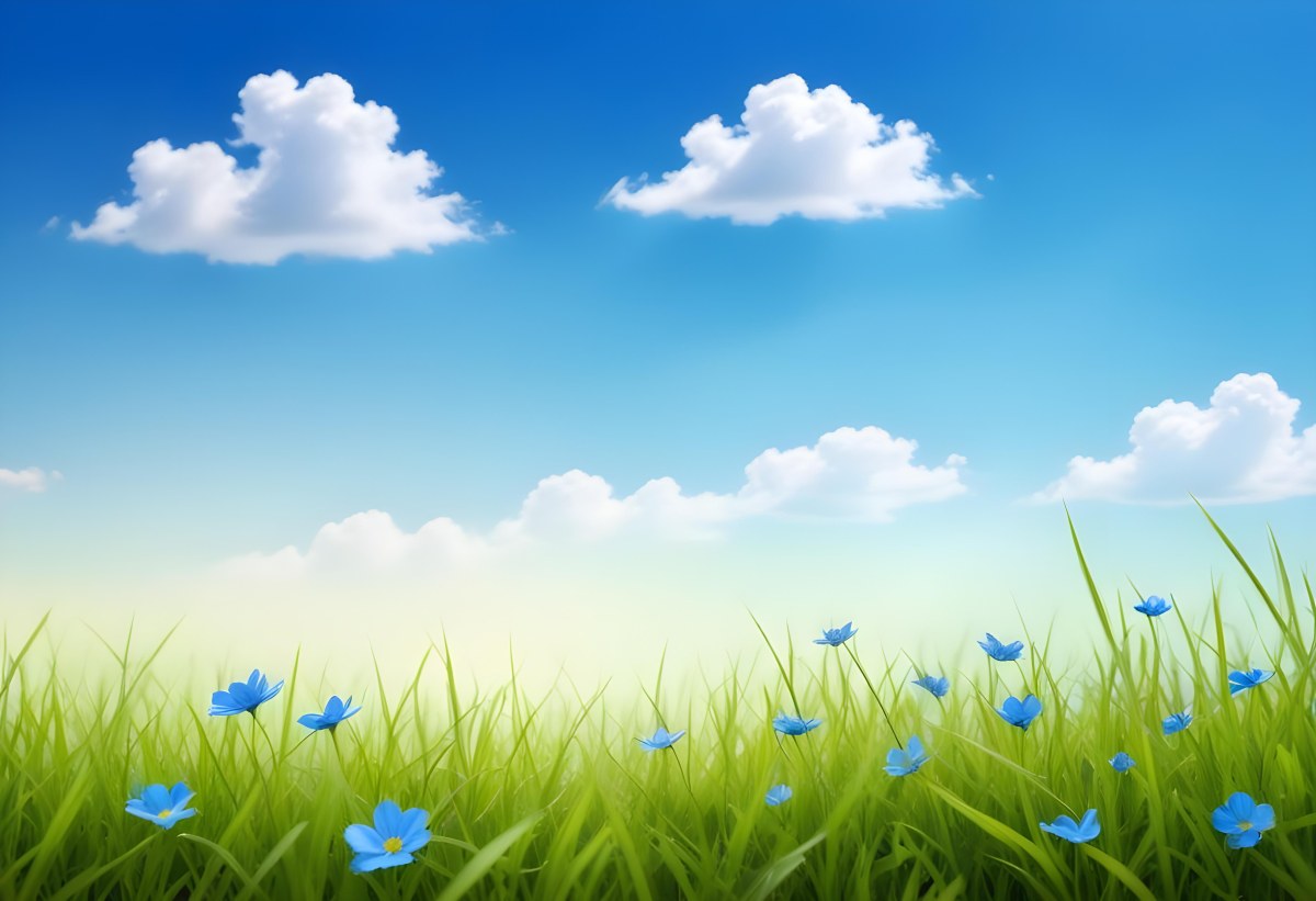 Digital Painting Green Grass With Blue Flowers Blue Sky With White Clouds Sunny Day Vibrant Colors Nature Background Bright And Cheerful Bold And Slim Lines Brush Strokes 81 123b