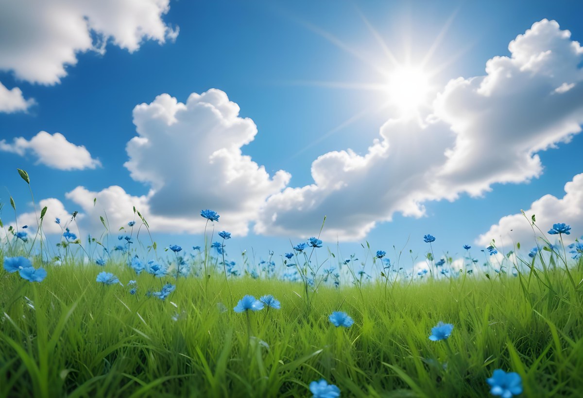 Digital Painting Green Grass With Blue Flowers Blue Sky With White Clouds Sunny Day Vibrant Colors Nature Background Bright And Cheerful Bold And Slim Lines Brush Strokes 82 01b7