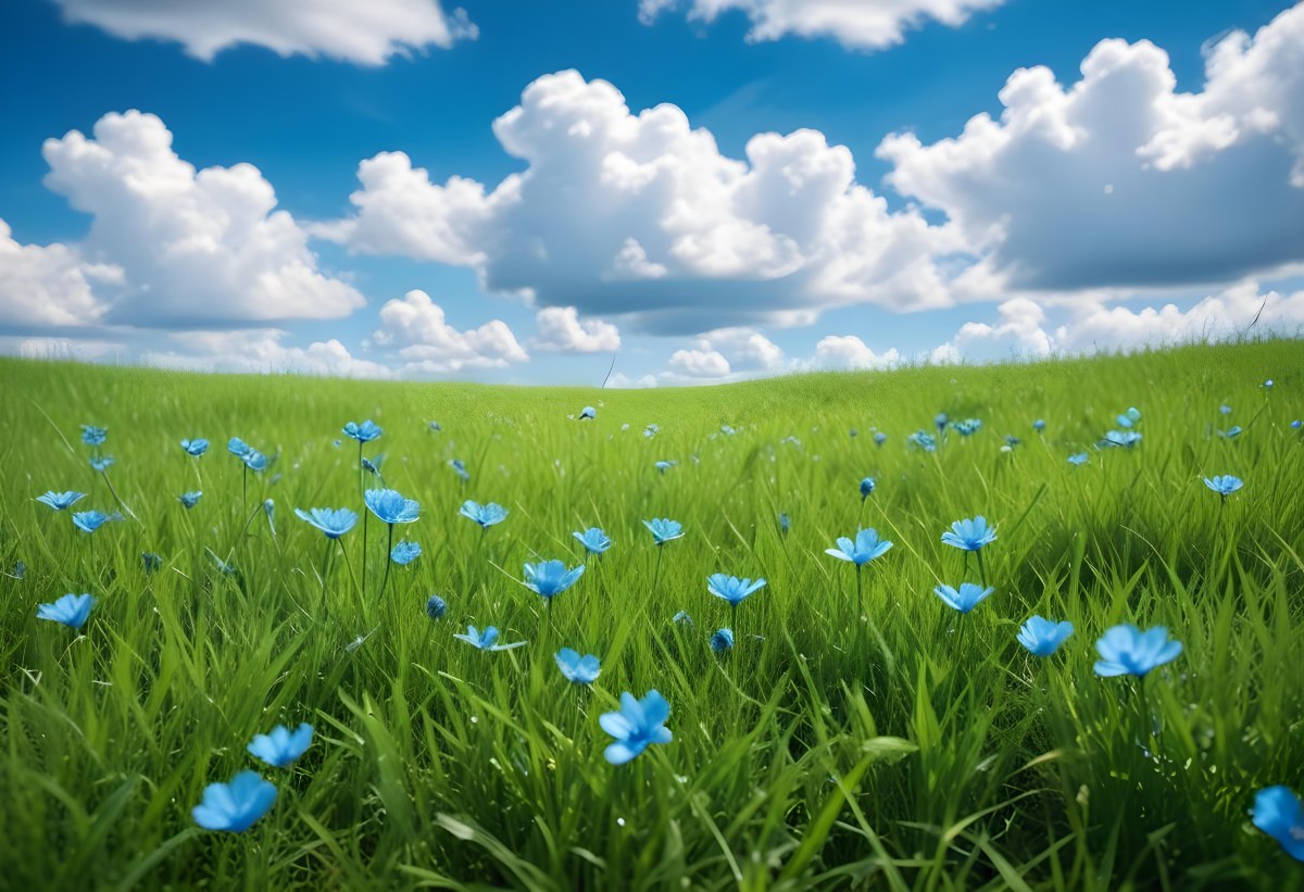 Digital Painting Green Grass With Blue Flowers Blue Sky With White Clouds Sunny Day Vibrant Colors Nature Background Bright And Cheerful Bold And Slim Lines Brush Strokes 84 D292