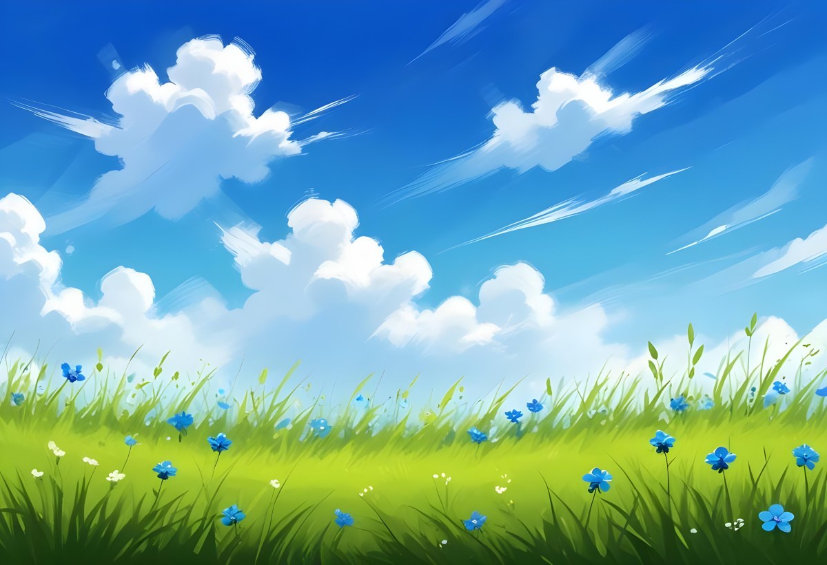 Digital Painting Green Grass With Blue Flowers Blue Sky With White Clouds Sunny Day Vibrant Colors Nature Background Bright And Cheerful Bold And Slim Lines Brush Strokes 9 C1dd