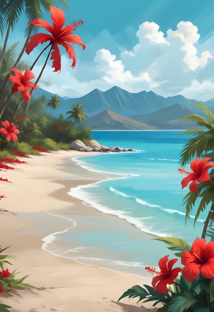 Digital Painting Tropical Beach With Turquoise Water Palm Trees Red Hibiscus Flowers And A Sandy Shore Distant Mountains Under A Partly Cloudy Sky During A Bright Sunny Day Bold And Slim Lines Brush Strokes 21 D0f6