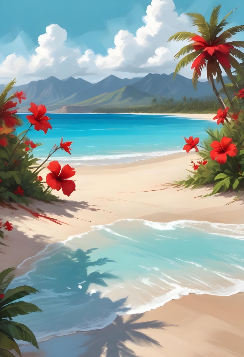 Digital Painting Tropical Beach With Turquoise Water Palm Trees Red Hibiscus Flowers And A Sandy Shore Distant Mountains Under A Partly Cloudy Sky During A Bright Sunny Day Bold And Slim Lines Brush Strokes 30 216e