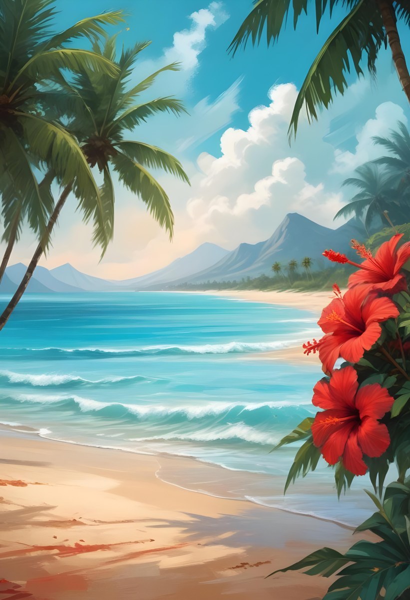 Digital Painting Tropical Beach With Turquoise Water Palm Trees Red Hibiscus Flowers And A Sandy Shore Distant Mountains Under A Partly Cloudy Sky During A Bright Sunny Day Bold And Slim Lines Brush Strokes 31 D253