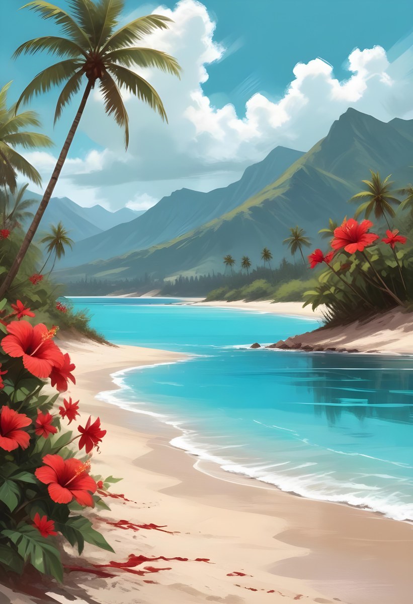 Digital Painting Tropical Beach With Turquoise Water Palm Trees Red Hibiscus Flowers And A Sandy Shore Distant Mountains Under A Partly Cloudy Sky During A Bright Sunny Day Bold And Slim Lines Brush Strokes 33 3c6d