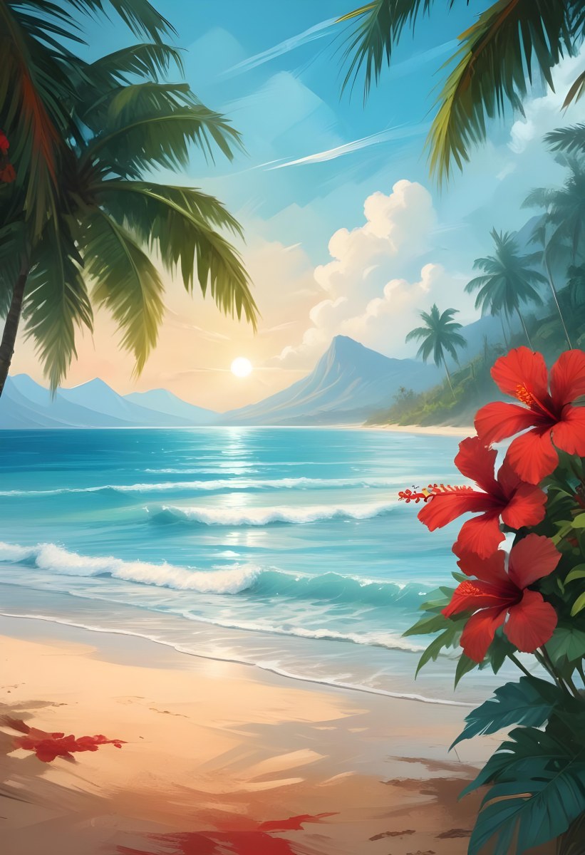 Digital Painting Tropical Beach With Turquoise Water Palm Trees Red Hibiscus Flowers And A Sandy Shore Distant Mountains Under A Partly Cloudy Sky During A Bright Sunny Day Bold And Slim Lines Brush Strokes 36 C1a6