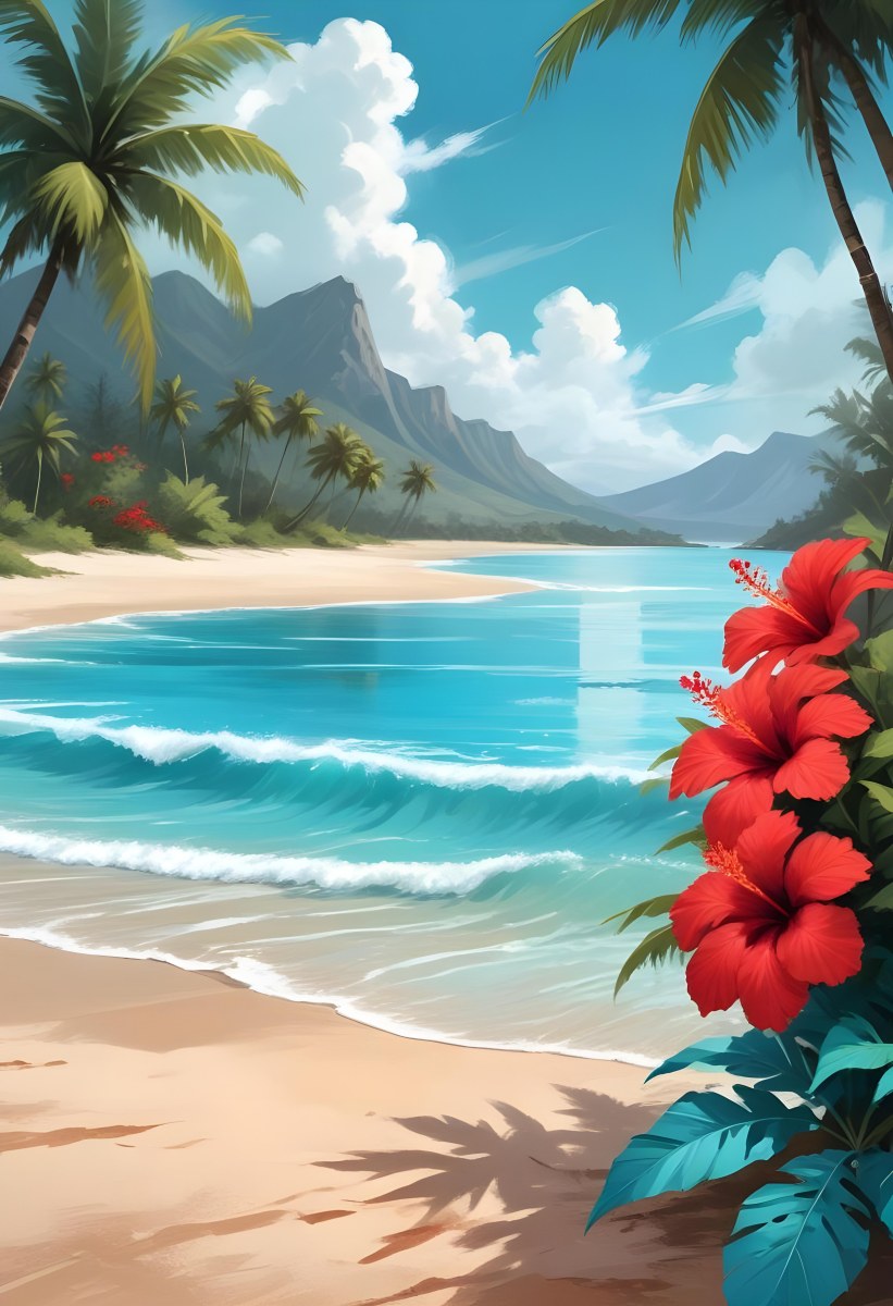 Digital Painting Tropical Beach With Turquoise Water Palm Trees Red Hibiscus Flowers And A Sandy Shore Distant Mountains Under A Partly Cloudy Sky During A Bright Sunny Day Bold And Slim Lines Brush Strokes 4 64be