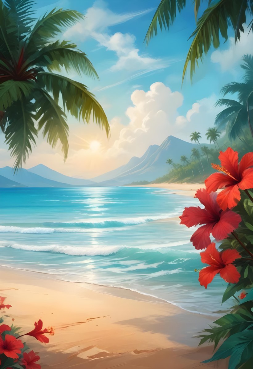Digital Painting Tropical Beach With Turquoise Water Palm Trees Red Hibiscus Flowers And A Sandy Shore Distant Mountains Under A Partly Cloudy Sky During A Bright Sunny Day Bold And Slim Lines Brush Strokes 5 8418