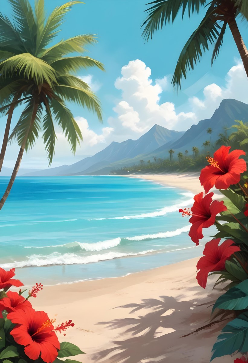 Digital Painting Tropical Beach With Turquoise Water Palm Trees Red Hibiscus Flowers And A Sandy Shore Distant Mountains Under A Partly Cloudy Sky During A Bright Sunny Day Bold And Slim Lines Brush Strokes 6 B235