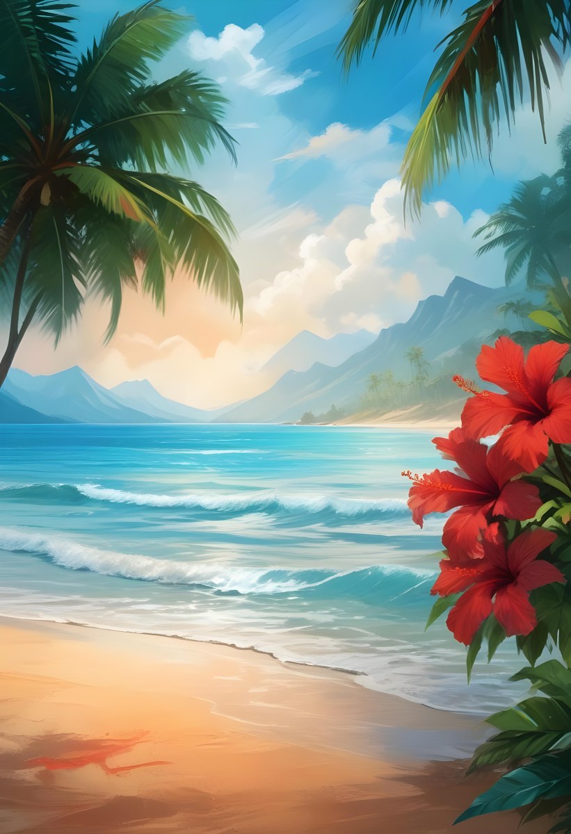 Digital Painting Tropical Beach With Turquoise Water Palm Trees Red Hibiscus Flowers And A Sandy Shore Distant Mountains Under A Partly Cloudy Sky During A Bright Sunny Day Bold And Slim Lines Brush Strokes 7 40c6