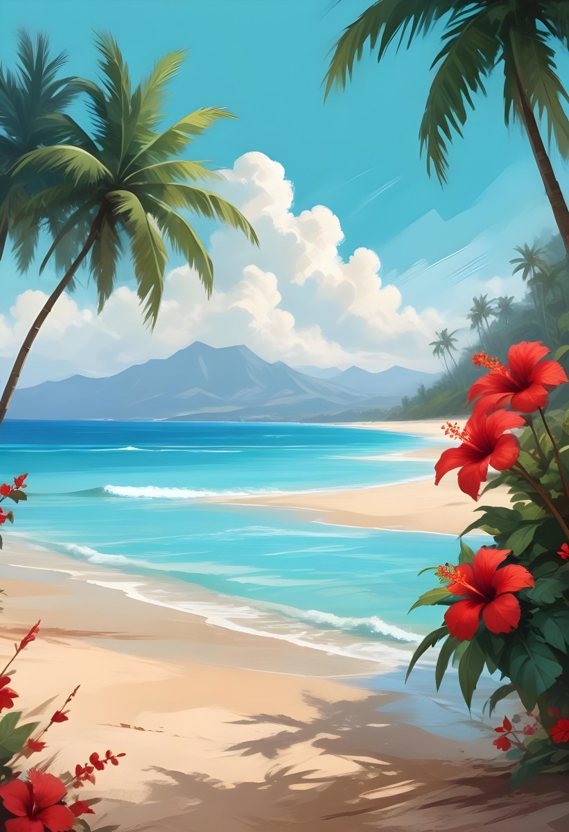 Digital Painting Tropical Beach With Turquoise Water Palm Trees Red Hibiscus Flowers And A Sandy Shore Distant Mountains Under A Partly Cloudy Sky During A Bright Sunny Day Bold And Slim Lines Brush Strokes 8 4e06