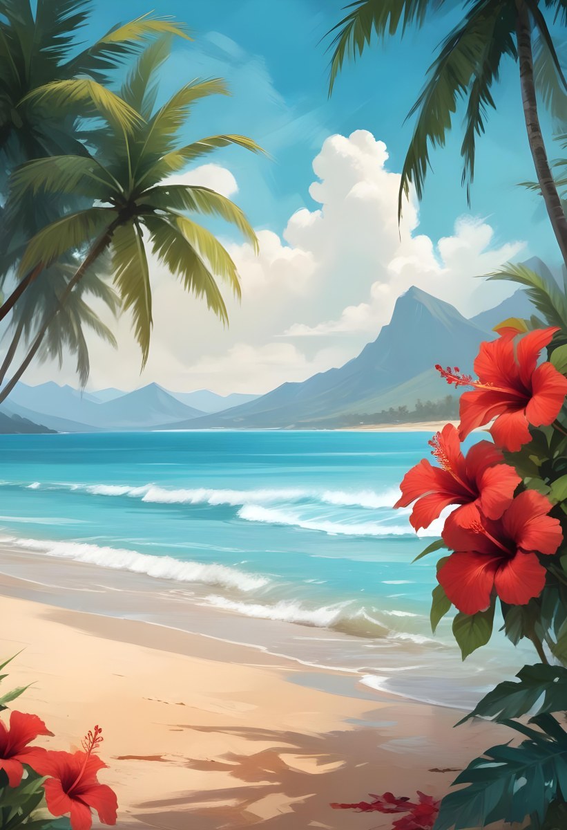 Digital Painting Tropical Beach With Turquoise Water Palm Trees Red Hibiscus Flowers And A Sandy Shore Distant Mountains Under A Partly Cloudy Sky During A Bright Sunny Day Bold And Slim Lines Brush Strokes 9 4ba5