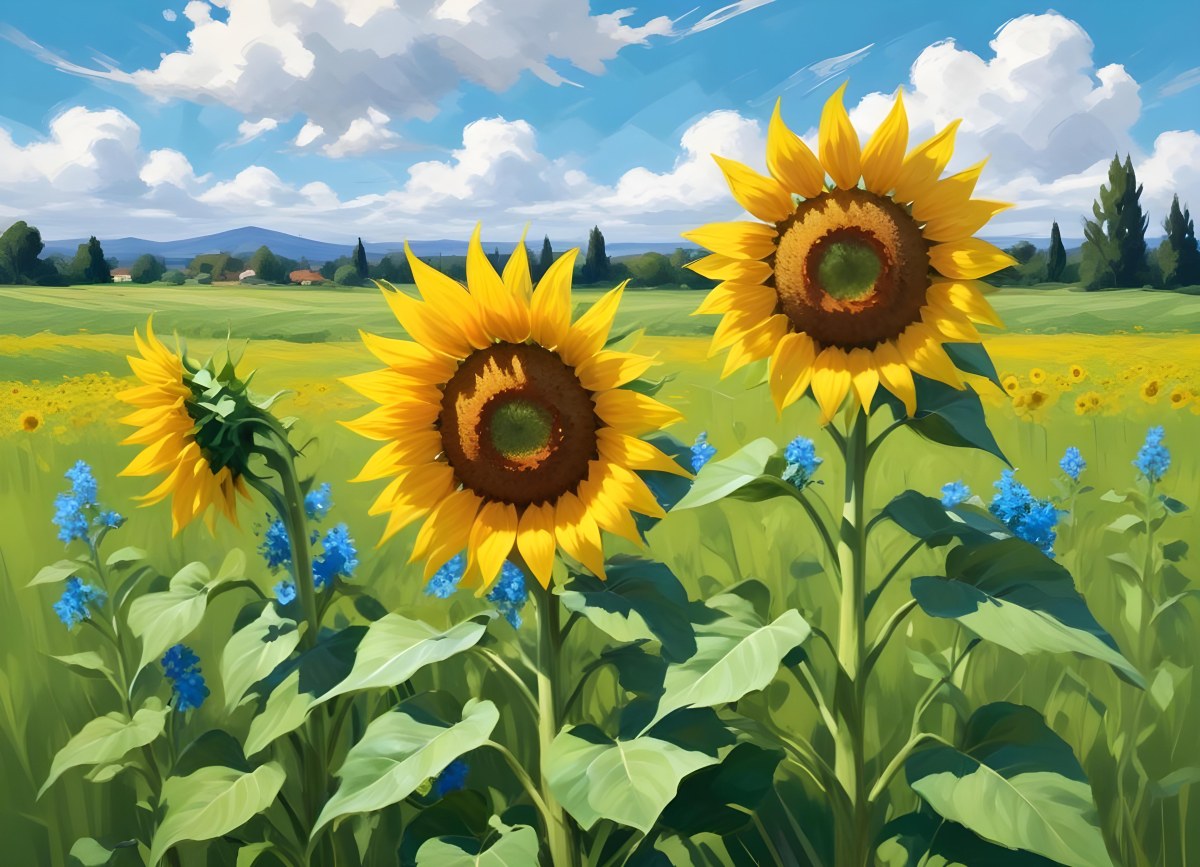 Digital Painting Two Sunflowers In A Green Field With Small Blue Flowers Blue Sky With White Clouds Sunny Day Bold And Slim Lines Brush Strokes 100 1138