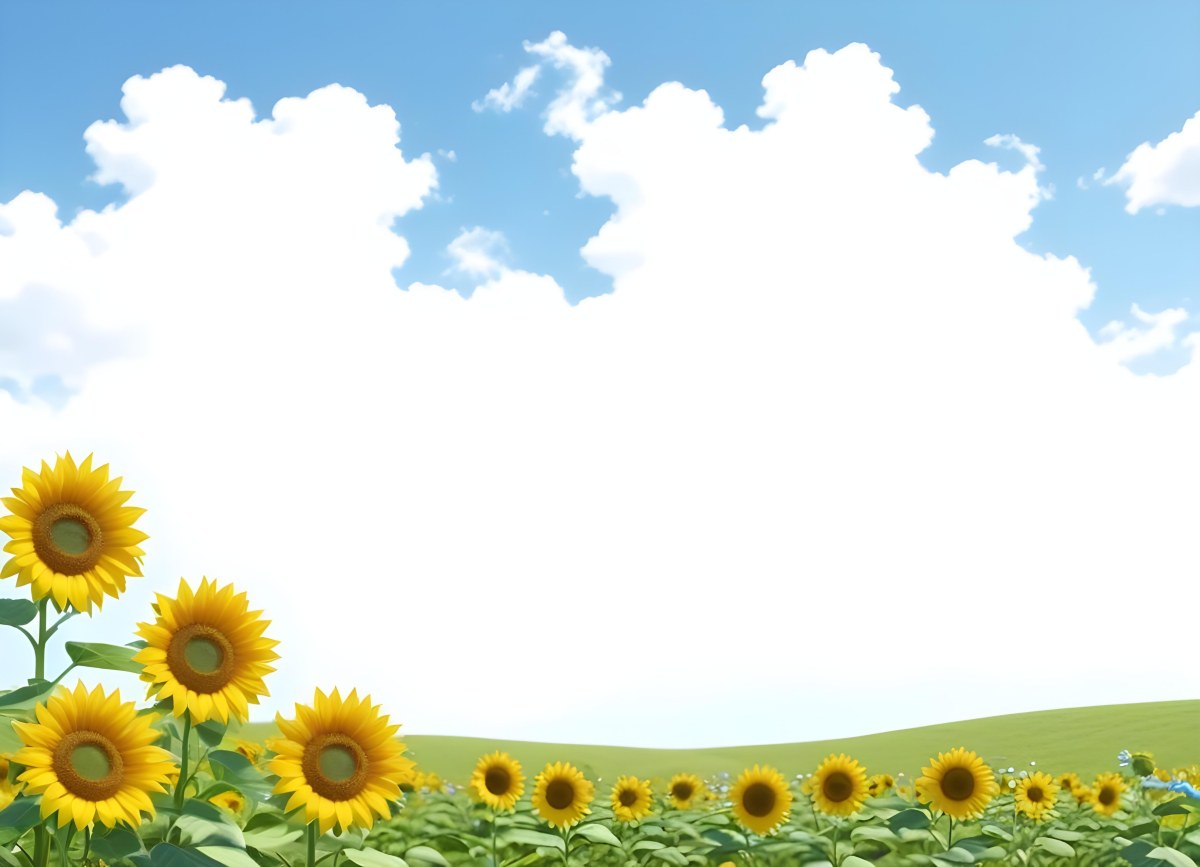 Digital Painting Two Sunflowers In A Green Field With Small Blue Flowers Blue Sky With White Clouds Sunny Day Bold And Slim Lines Brush Strokes 130 De2c