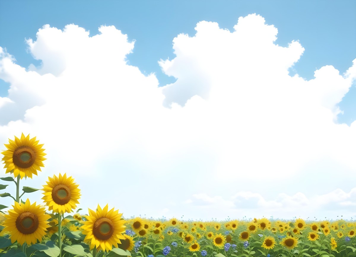 Digital Painting Two Sunflowers In A Green Field With Small Blue Flowers Blue Sky With White Clouds Sunny Day Bold And Slim Lines Brush Strokes 14 4115