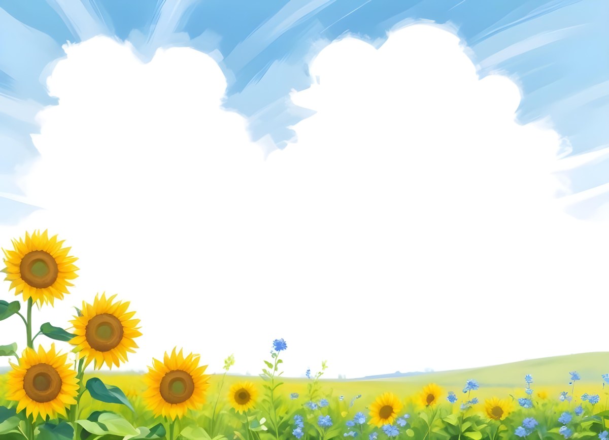 Digital Painting Two Sunflowers In A Green Field With Small Blue Flowers Blue Sky With White Clouds Sunny Day Bold And Slim Lines Brush Strokes 20 Dfad