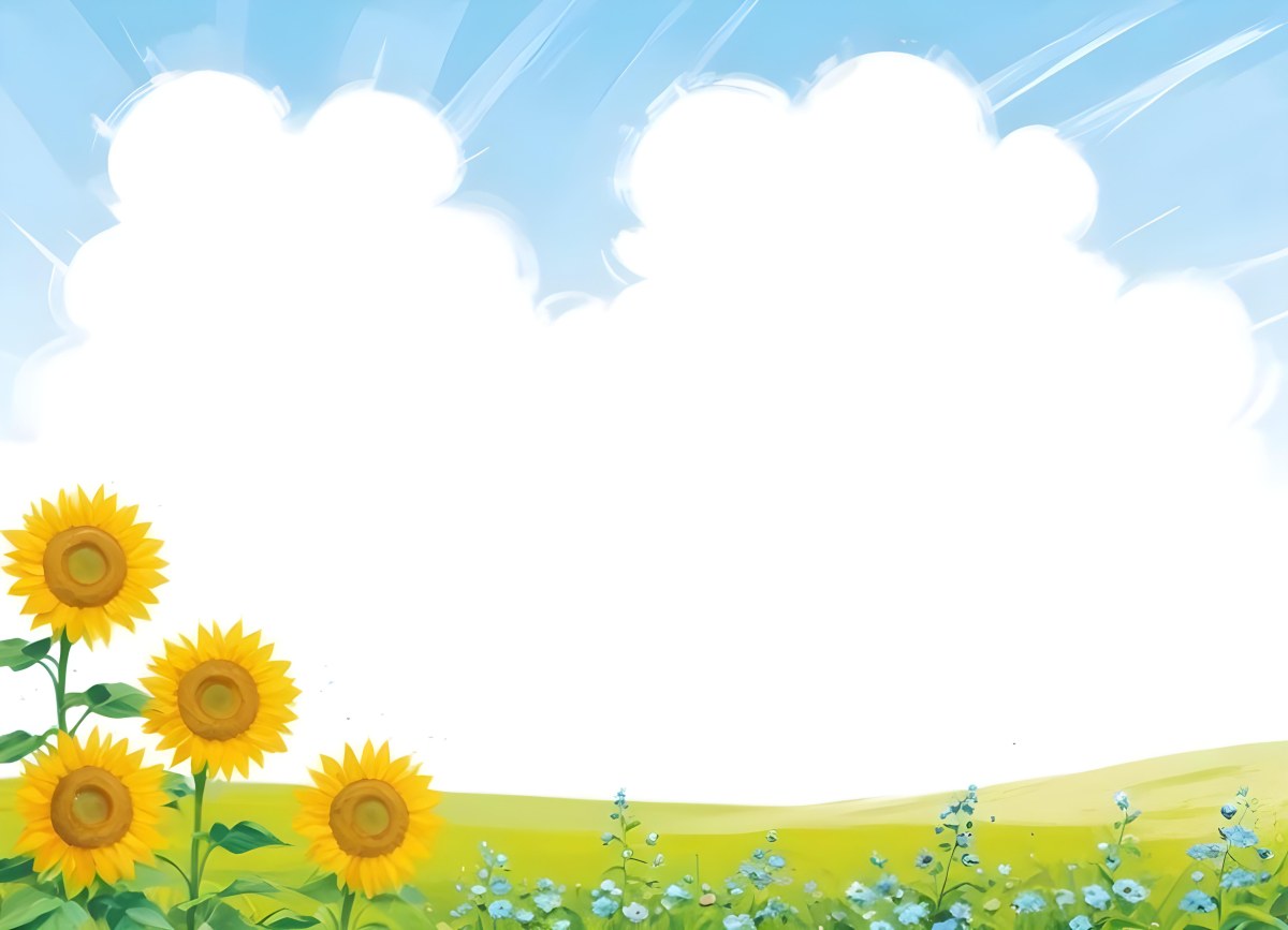 Digital Painting Two Sunflowers In A Green Field With Small Blue Flowers Blue Sky With White Clouds Sunny Day Bold And Slim Lines Brush Strokes 24 B25e